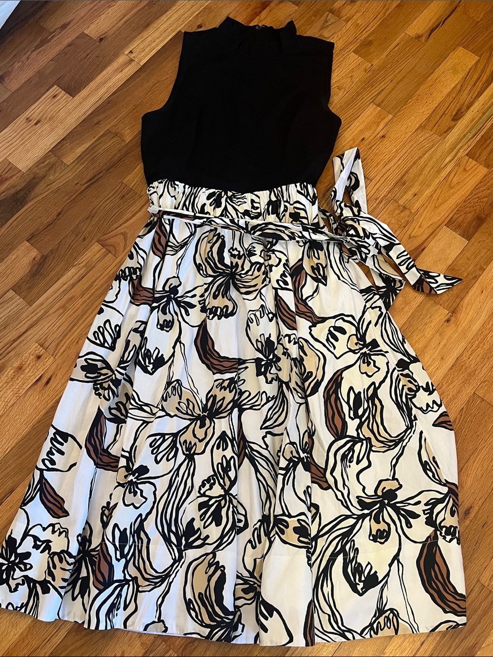 Lilly Pulitzer Black Bodice Cream & Brown Floral Midi Dress